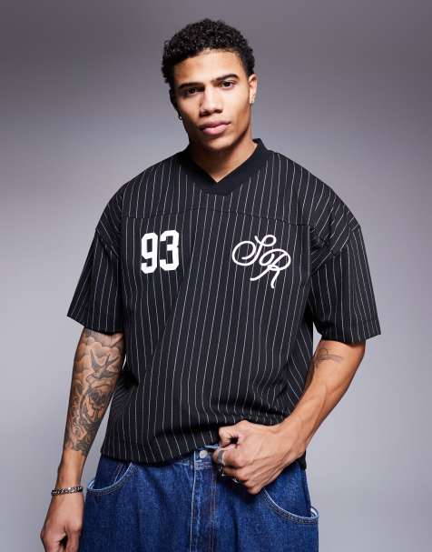 ASOS DESIGN boxy oversized t-shirt with dropped shoulder and sports graphic in black and white stripe - view 1