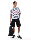 [ASOS DESIGN] ASOS DESIGN boxy oversized t-shirt with dropped shoulder and sports graphic in ribbed stripe-Multi L MULTI