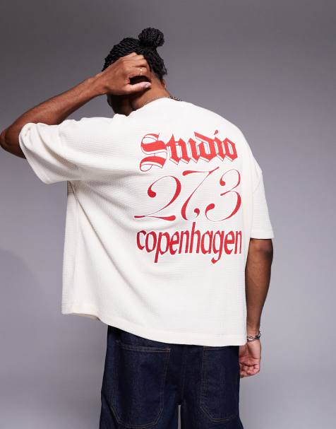ASOS DESIGN boxy oversized t-shirt with dropped shoulder and text graphic in beige waffle - view 1
