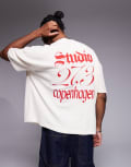 [ASOS DESIGN] ASOS DESIGN boxy oversized t-shirt with dropped shoulder and text graphic in beige waffle-Neutral M BEIGE