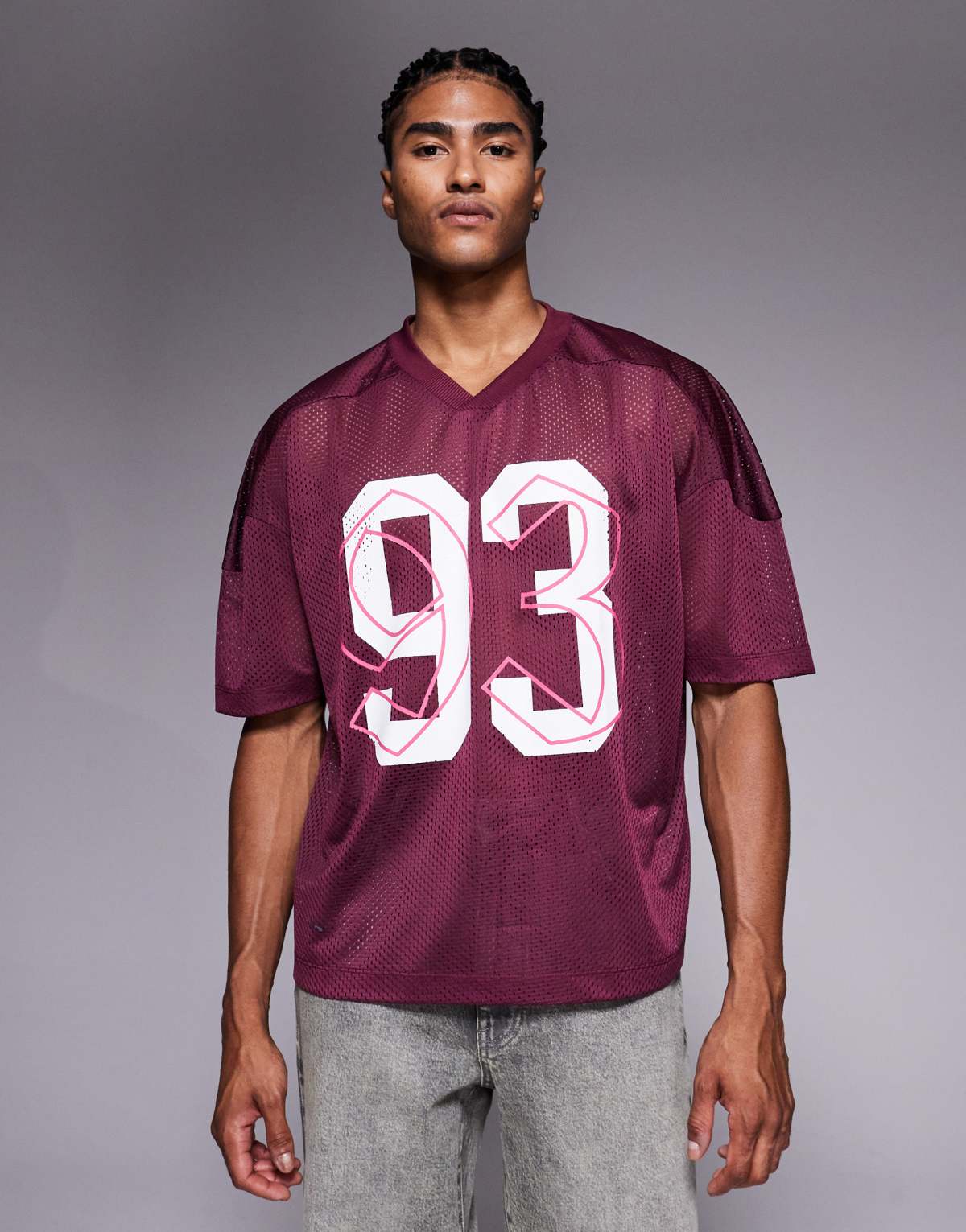 ASOS DESIGN boxy oversized t-shirt with dropped shoulder and v neck with sports graphic in burgundy airtex