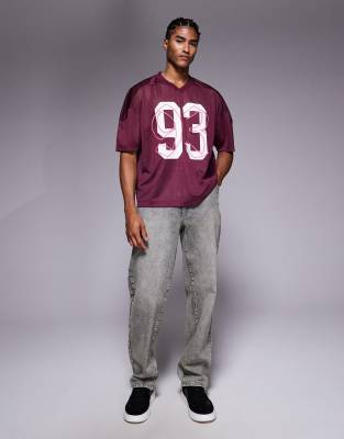 Asos Design Boxy Oversized T-shirt With Dropped Shoulder And V Neck With Sports Graphic In Red