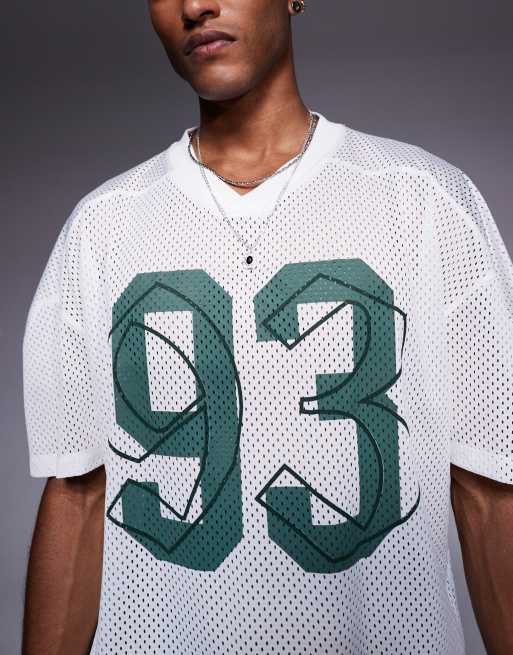 ASOS DESIGN boxy oversized t-shirt with dropped shoulder and v neck with sports graphic in ecru airtex