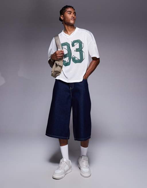 ASOS DESIGN boxy oversized t-shirt with dropped shoulder and v neck with sports graphic in ecru airtex