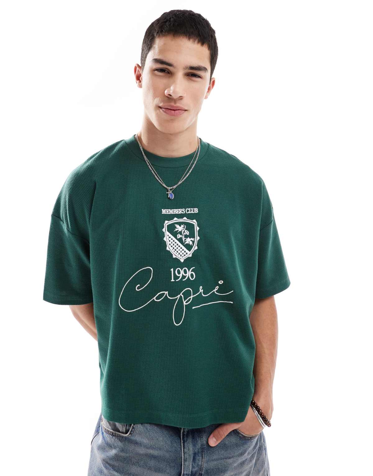 ASOS DESIGN boxy oversized t-shirt with dropped shoulder in heavyweight waffle 230gsm with embroidery in green