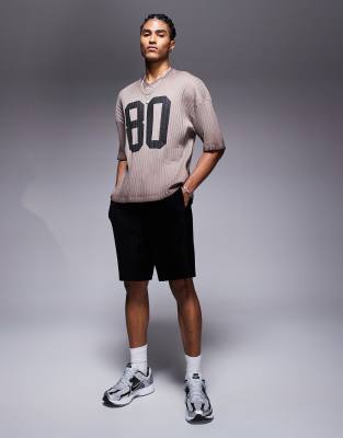 ASOS DESIGN boxy oversized t-shirt with dropped shoulders and number graphic in washed brown rib knit