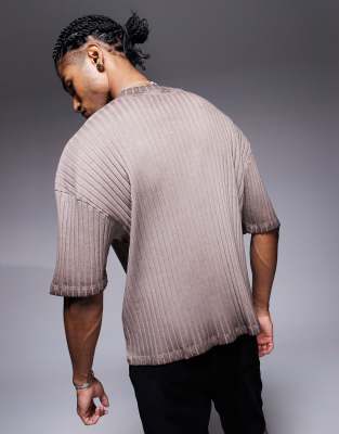 ASOS DESIGN boxy oversized t-shirt with dropped shoulders and number graphic in washed brown rib knit