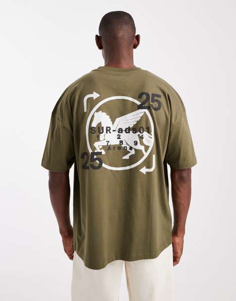 ASOS DESIGN boxy oversized t-shirt with dropped shoulders and street graphics in khaki green - view 1