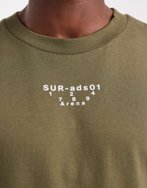 ASOS DESIGN boxy oversized t-shirt with dropped shoulders and street graphics in khaki green, 5 of 5