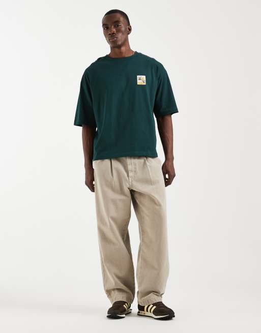 ASOS DESIGN boxy oversized t-shirt with floral chest print in dark green, 2 of 5