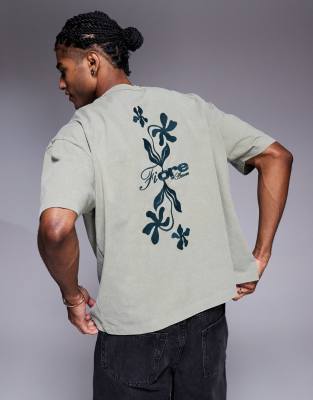 ASOS DESIGN boxy oversized t-shirt with floral embroidery in washed khaki - view 1