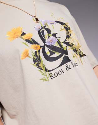 Asos Design Boxy Oversized T-shirt With Floral Front Print In Neutral