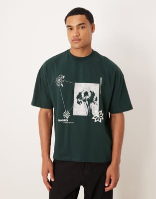 Asos Design Boxy Oversized T-shirt With Floral Graphic In Green