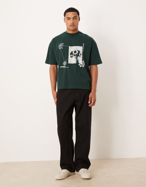 ASOS DESIGN boxy oversized t-shirt with floral graphic in dark green
