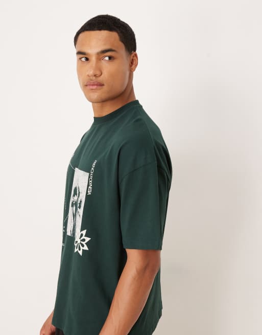 ASOS DESIGN boxy oversized t-shirt with floral graphic in dark green