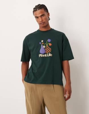 Asos Design Boxy Oversized T-shirt With Floral Puff Graphic In Green