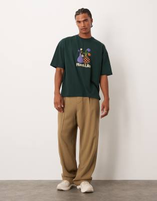 Asos Design Boxy Oversized T-shirt With Floral Puff Graphic In Green