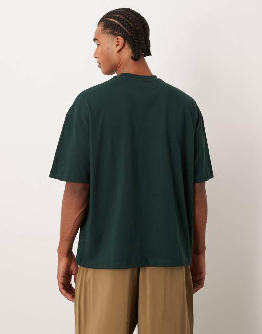 ASOS DESIGN boxy oversized t-shirt with floral puff graphic in dark green
