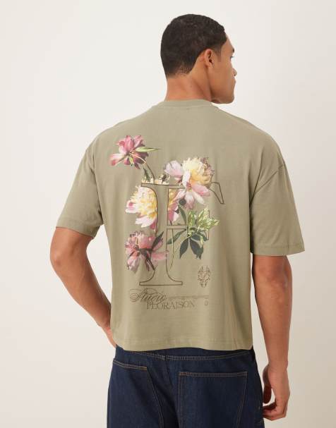 ASOS DESIGN boxy oversized t-shirt with floral text graphic in light khaki green - view 1