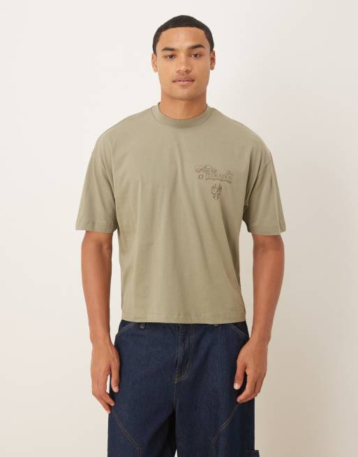 ASOS DESIGN boxy oversized t-shirt with floral text graphic in light khaki green, 3 of 5