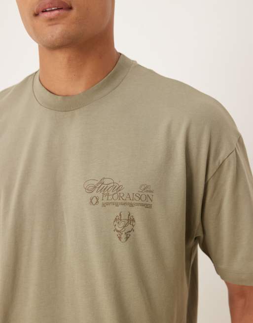 ASOS DESIGN boxy oversized t-shirt with floral text graphic in light khaki green, 5 of 5