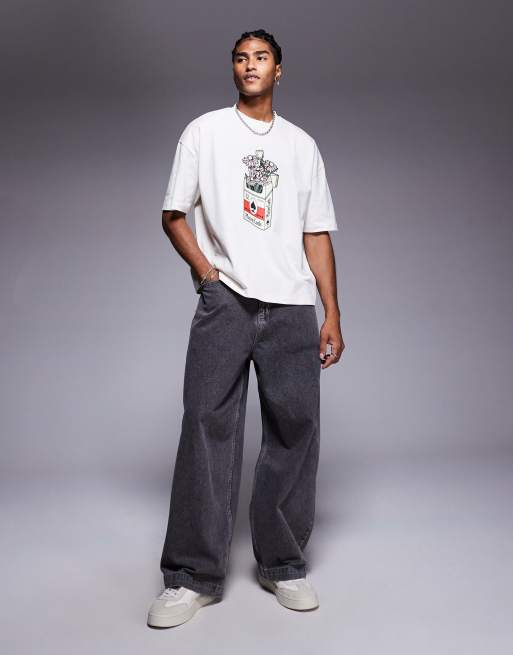 ASOS DESIGN boxy oversized T-shirt with flower graphic in off white