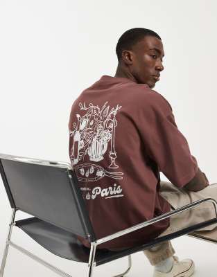 Asos Design Boxy Oversized T-shirt With Food And Drink Graphic In Brown