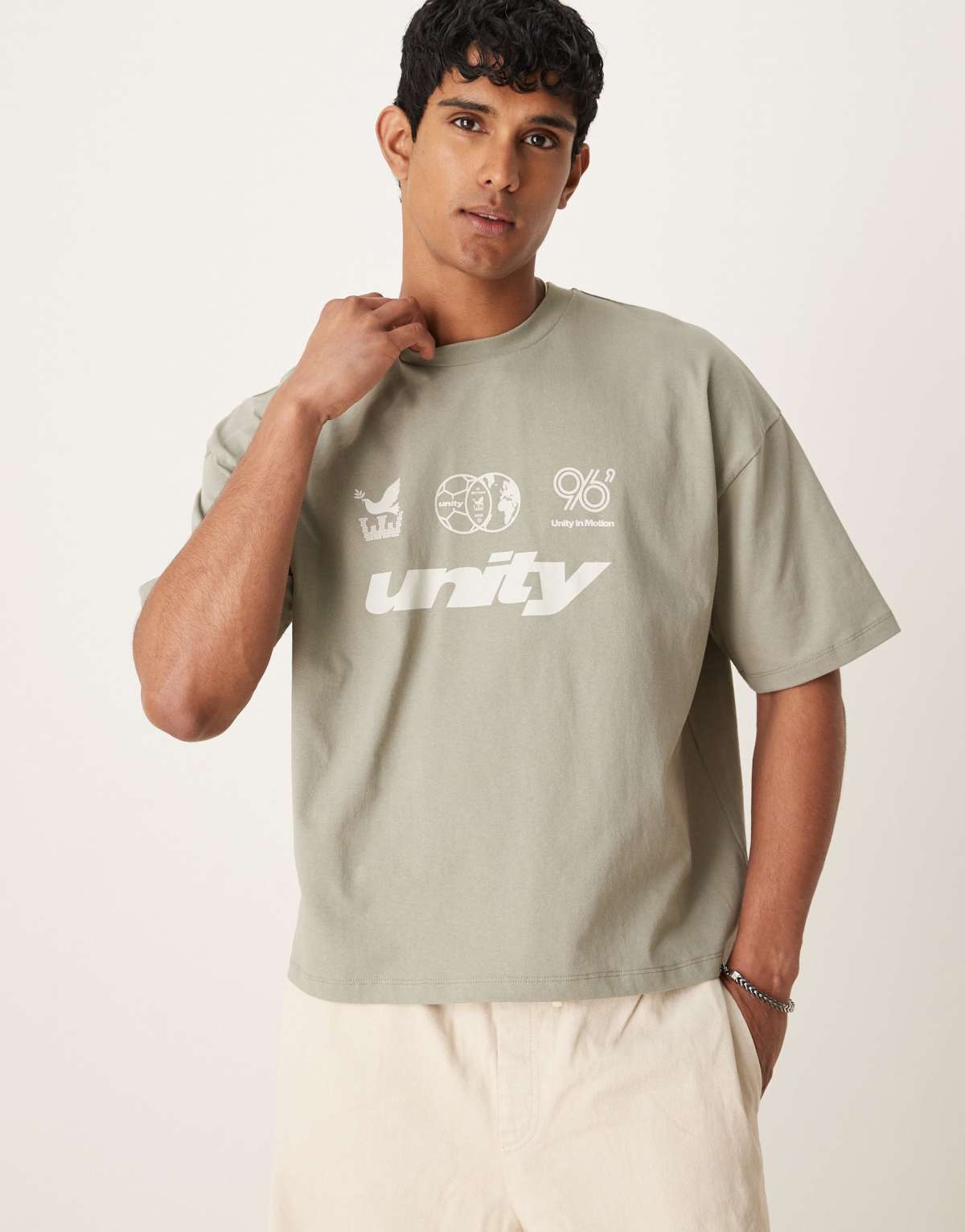 ASOS DESIGN boxy oversized t-shirt with front chest graphic in grey green