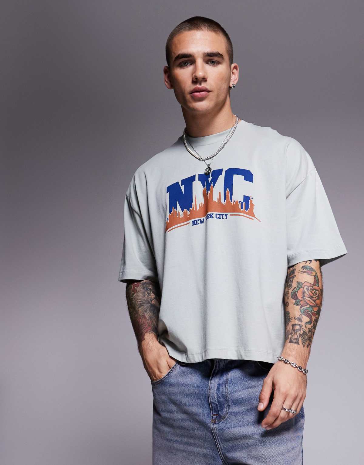 ASOS DESIGN boxy oversized t-shirt with front city graphic in light grey