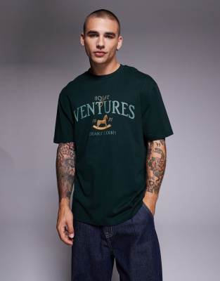 ASOS DESIGN boxy oversized t-shirt with front print in dark green