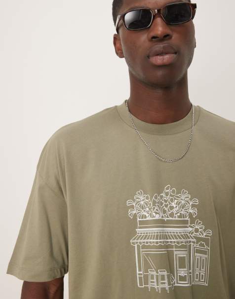 ASOS DESIGN boxy oversized t-shirt with front print in light khaki green - view 1