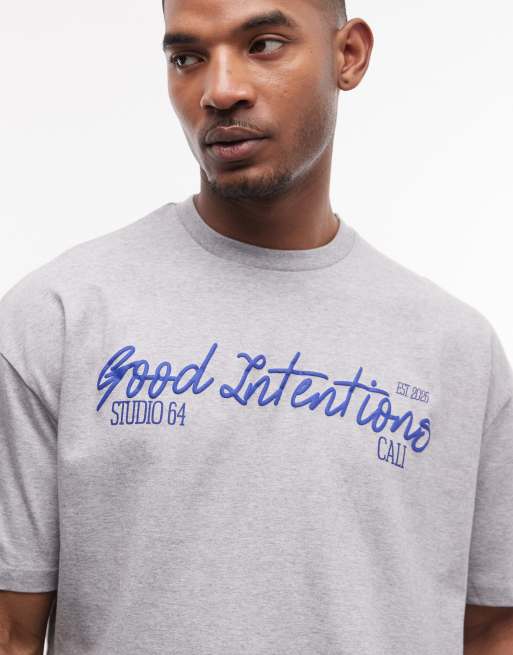 ASOS DESIGN boxy oversized t-shirt with good intentions puff print in grey, 3 of 5