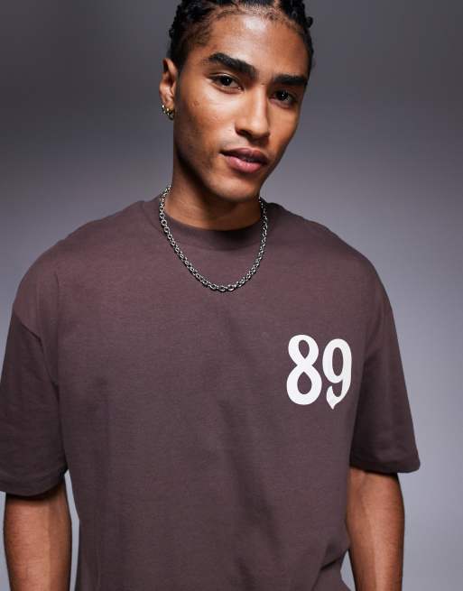 ASOS DESIGN boxy oversized t-shirt with grunge sports graphic in brown, 2 of 4