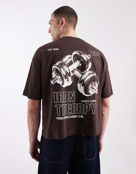 ASOS DESIGN boxy oversized t-shirt with gym graphic in brown - view 1