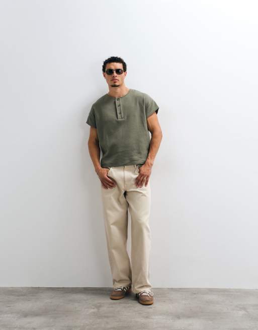 ASOS DESIGN boxy oversized t-shirt with henley and cap sleeve in khaki waffle, 3 of 5