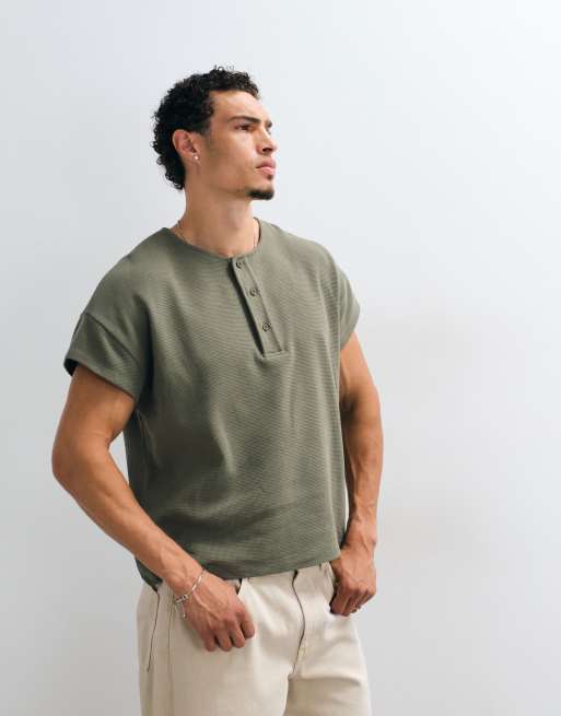 ASOS DESIGN boxy oversized t-shirt with henley and cap sleeve in khaki waffle, 5 of 5