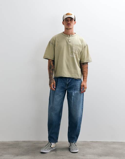 ASOS DESIGN boxy oversized t-shirt with henley and graphic in washed green, 3 of 5