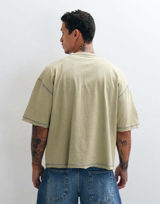 ASOS DESIGN boxy oversized t-shirt with henley and graphic in washed green, 4 of 5