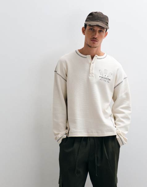 ASOS DESIGN boxy oversized T-shirt with henley and print in cream waffle - view 1