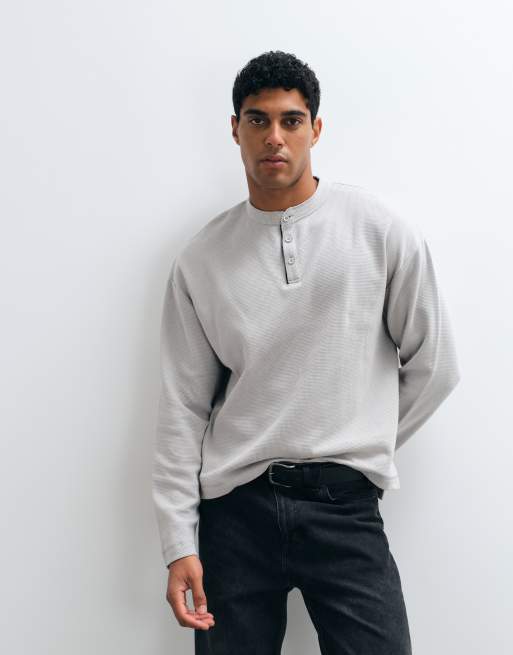 ASOS DESIGN boxy oversized t-shirt with henley in stone waffle, 2 of 5