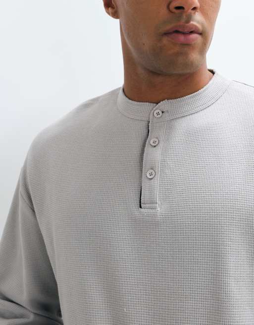 ASOS DESIGN boxy oversized t-shirt with henley in stone waffle, 3 of 5