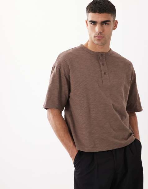ASOS DESIGN boxy oversized t-shirt with henley neck in brown slub - view 1