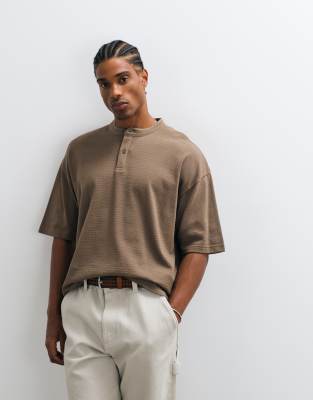 Asos Design Boxy Oversized T-shirt With Henley Neck In Brown