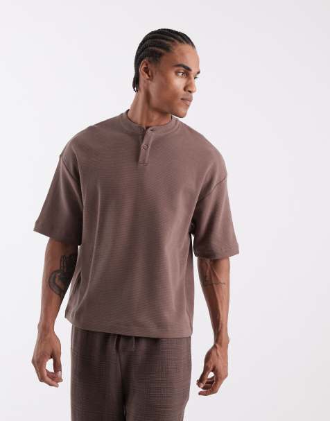 ASOS DESIGN boxy oversized t-shirt with henley neck in brown waffle