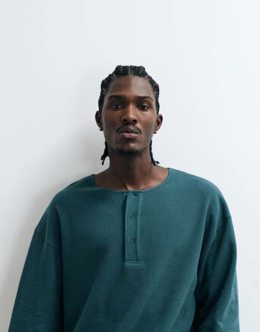 ASOS DESIGN boxy oversized t-shirt with henley neck in dark green, 2 of 5