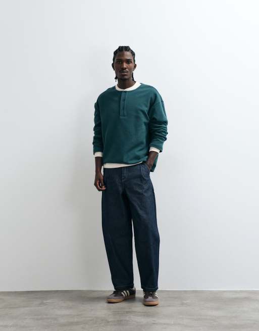 ASOS DESIGN boxy oversized t-shirt with henley neck in dark green, 3 of 5