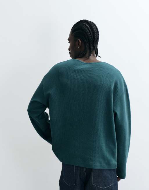 ASOS DESIGN boxy oversized t-shirt with henley neck in dark green, 4 of 5