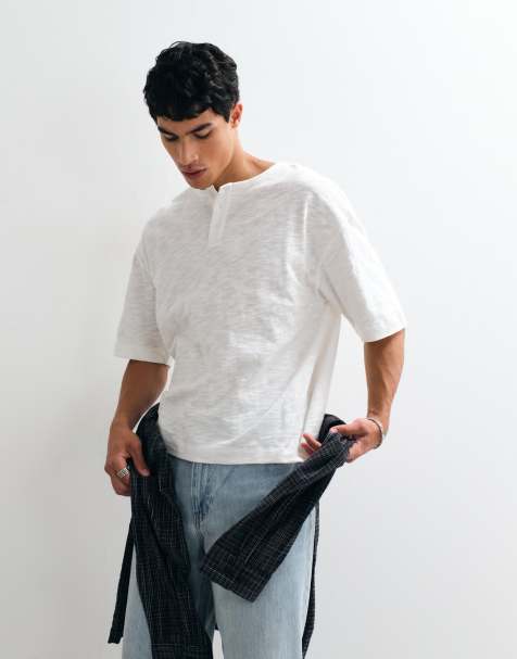 ASOS DESIGN boxy oversized t-shirt with henley neck in neutral bouclé texture - view 1