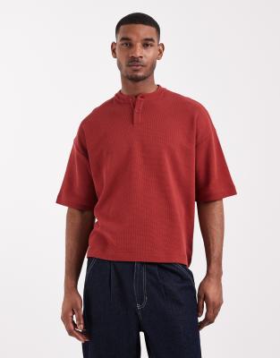 Asos Design Boxy Oversized T-shirt With Henley Neck In Red