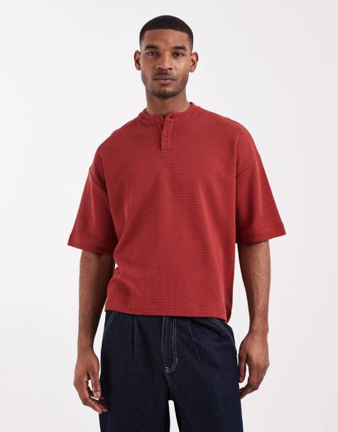 ASOS DESIGN boxy oversized T-shirt with henley neck in red waffle - view 1